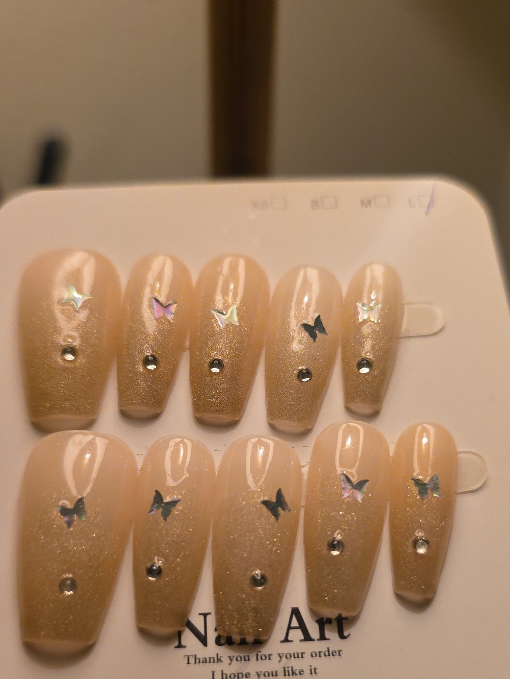 Neutral Beige Glitter Butterfly Press-On Nails with Rhinestones Size Large